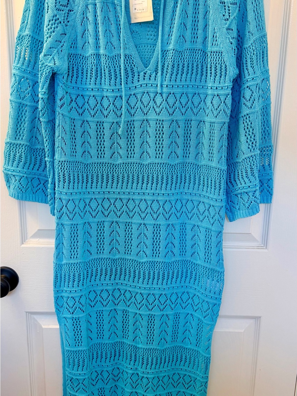 Elan Turquoise Open-Knit V-Neck Midi Dress